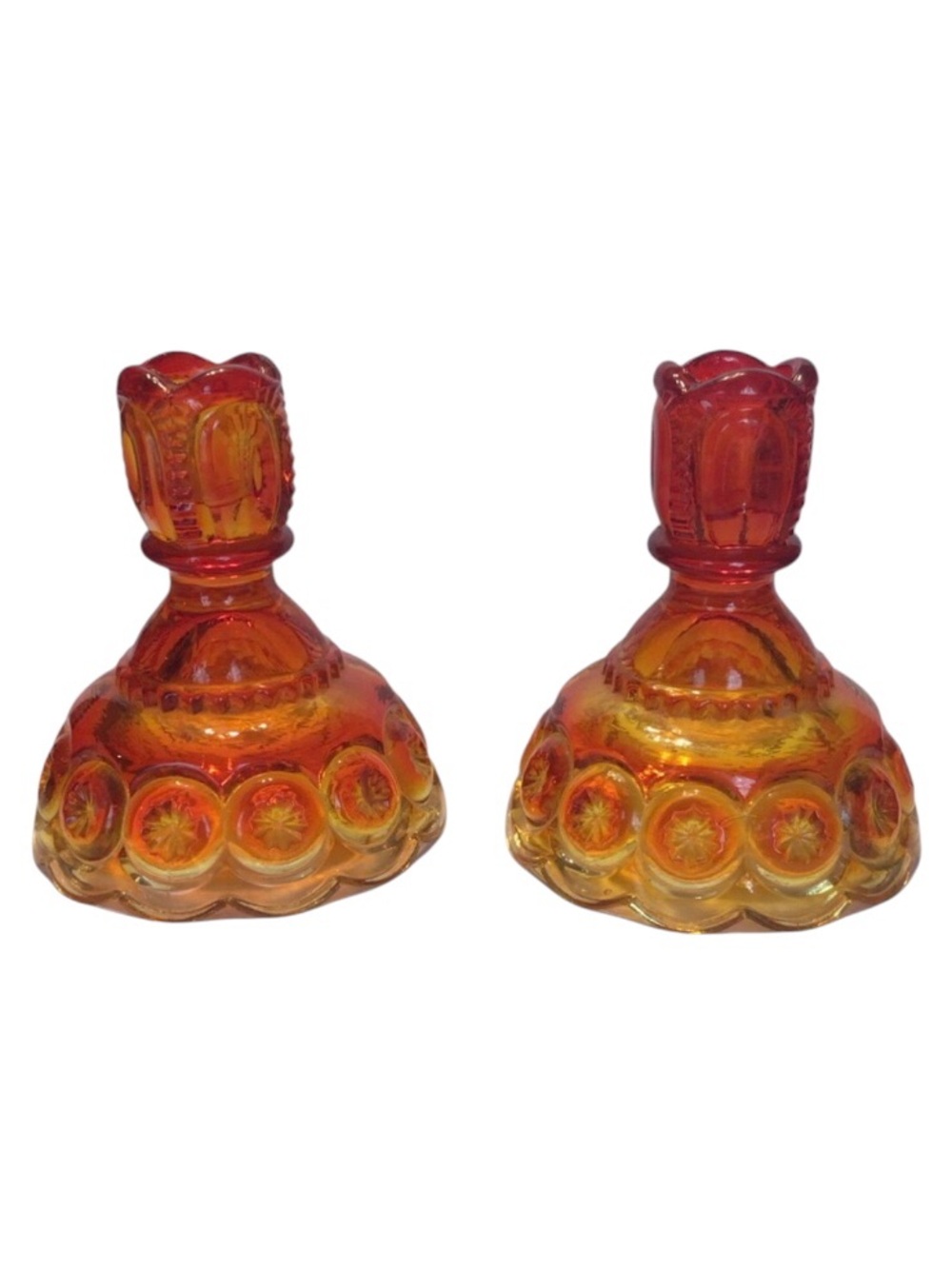 Set of Vintage LE Smith Amberina Candlesticks, Moon & Star Pattern